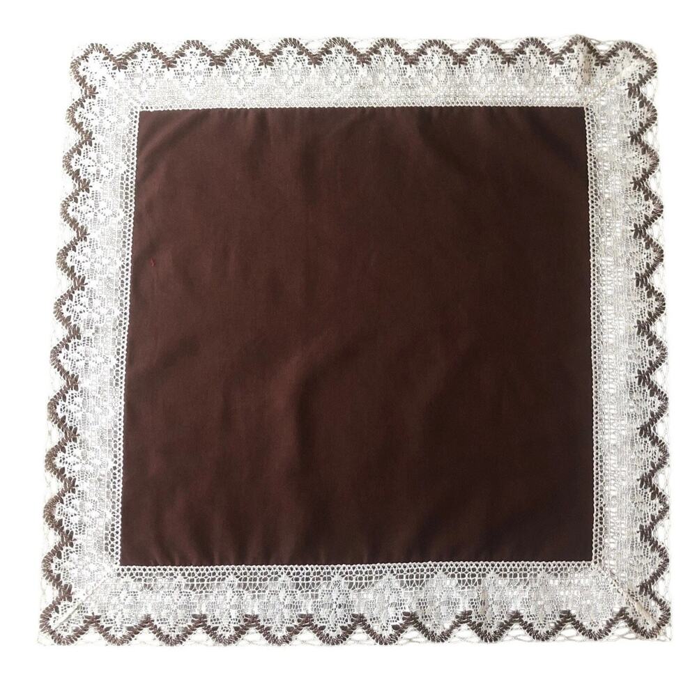Vintage Brown Linen Centerpiece Handmade Lace Border Cottage Farmhouse Table Top
